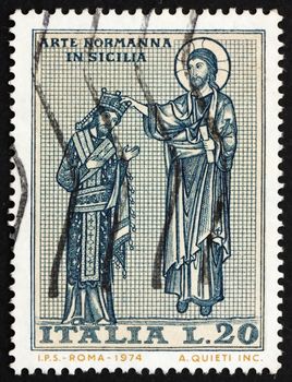 ITALY - CIRCA 1974: a stamp printed in the Italy shows Christ Crowning King Roger, Mosaic in Martorana Church, Palermo, Norman Art in Sicily, circa 1974