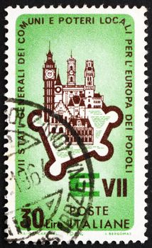 ITALY - CIRCA 1964: a stamp printed in the Italy shows Walled City, 7th Congress of European Towns, circa 1964