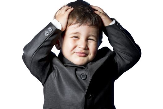 Child dressed businessman with funny face