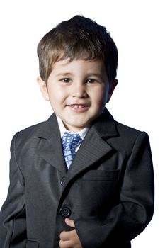 Child dressed businessman with funny face