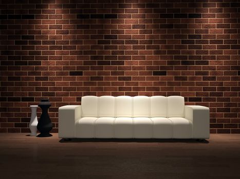 White sofa and vases near a brick wall