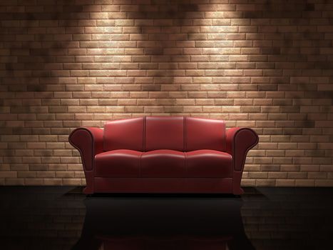 Red leather sofa near a brick wall