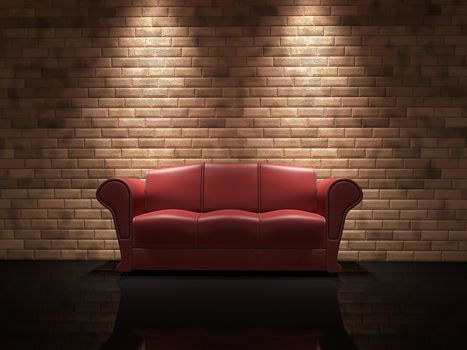 Red leather sofa near a brick wall