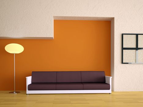 Sofa and lamp near a orange wall
