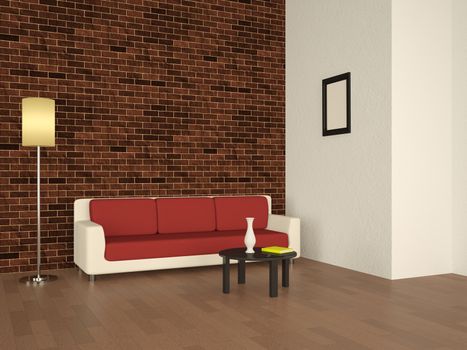 Sofa and lamp near a bricks wall