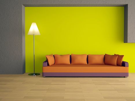 Sofa with orange pillows near a green wall