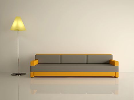 Leather sofa and lamp on a white floor