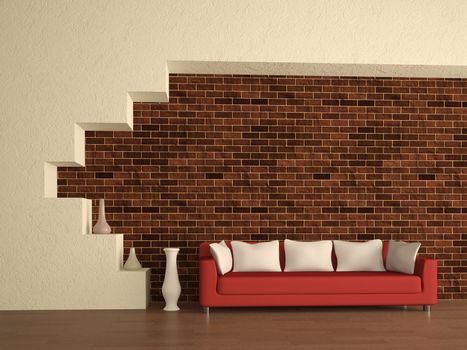 The red sofa near a brick wall
