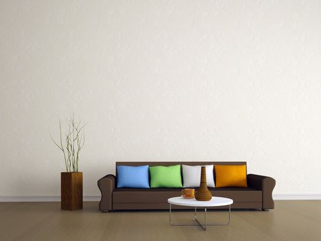 The brown sofa with four colored pillows