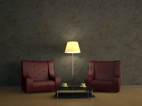 Room interior with two red leather chairs