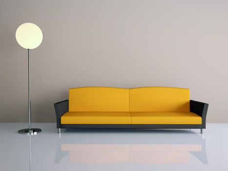Room interior with a sofa and a lamp