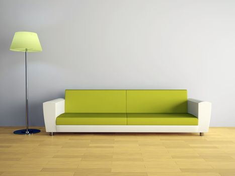 Room interior with a sofa and a lamp