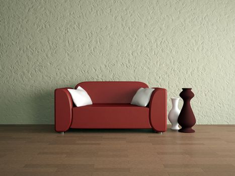 Red leather sofa and vases near a wall