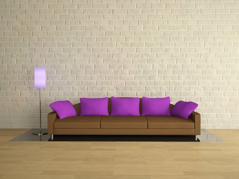 Brown sofa with lilac pillows near a brick wall