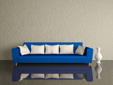 Blue sofa with white pillows and a vase near a wall