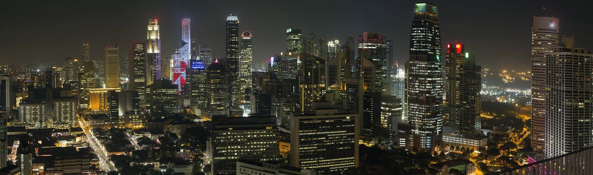 Singapore City Skyline with Central Financial District and Chinatown at Night Panorama