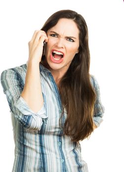 An angry and very frustrated business woman yelling on the phone. Isolated over white.