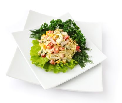 a salad of corn, Chinese cabbage, egg, ham, peppers and mayonnaise