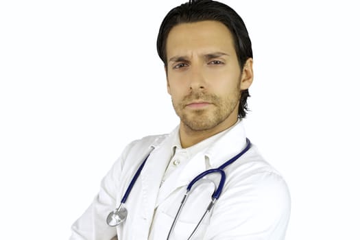 Cool doctor posing serious with long hair and beard
