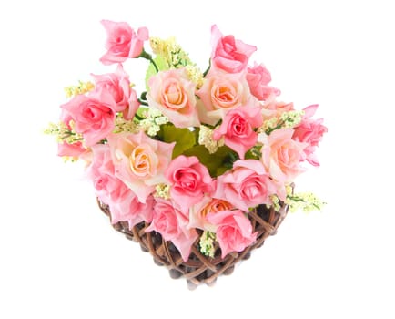 Wood basket roses isolated on white background