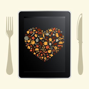 Tablet Computer And Food Icons, Isolated On White Background, Vector Illustration