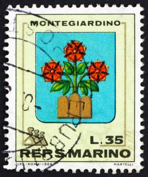 SAN MARINO - CIRCA 1968: a stamp printed in the San Marino shows Coat of Arms, Montegiardino, San Marino, circa 1968