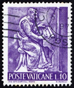 VATICAN - CIRCA 1966: a stamp printed in the Vatican shows Pope Paul VI, Organist, Bas-relief by Mario Rudelli from the Chair in the Pope's Private Chapel, circa 1966