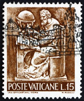 VATICAN - CIRCA 1966: a stamp printed in the Vatican shows Pope Paul VI, Cartographer, Bas-relief by Mario Rudelli from the Chair in the Pope's Private Chapel, circa 1966