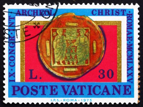 VATICAN - CIRCA 1975: a stamp printed in the Vatican shows Miracle of Loaves and Fishes, Gilt Glass, 9th International Congress of Christian Archaeology, circa 1975