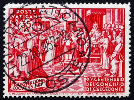 VATICAN - CIRCA 1951: a stamp printed in the Vatican shows Council of Chalcedon, 1500th Anniversary, circa 1951