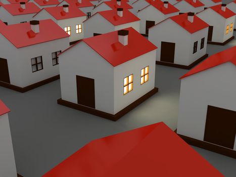 Small houses with red roof in the dark
