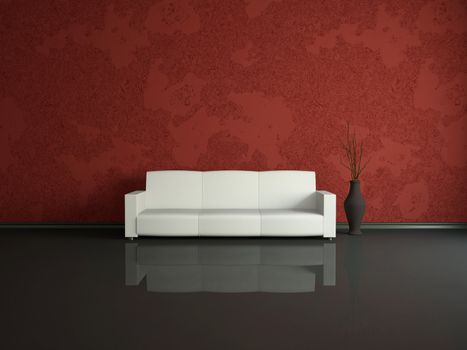 White sofa and vase near a red wall