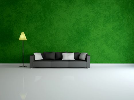 White sofa and lamp near a green wall