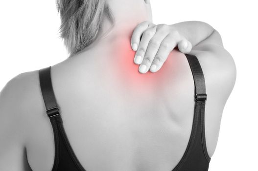 Young woman with pain in the back of her neck