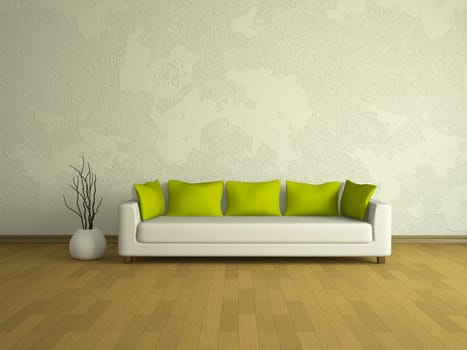 White sofa with green pillows near a wall