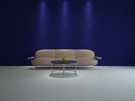Interior with a leather sofa and a table