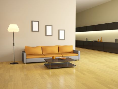 The interior with sofa, table and lamp