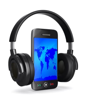 phone and headphone on white background. Isolated 3D image