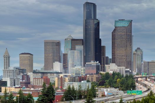 Seattle Washington City Skyline with Freeway Rush Hour Traffic