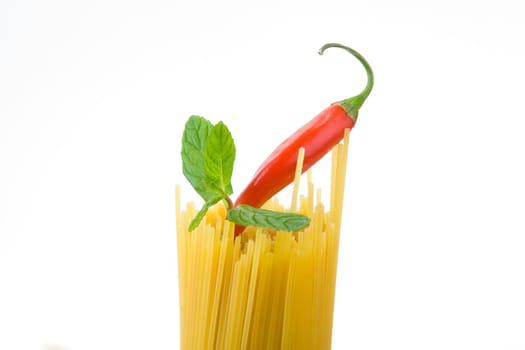 Golden raw dried Italian pasta with other ingredients on white background.