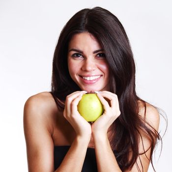 woman hold apple in hands isolated on white