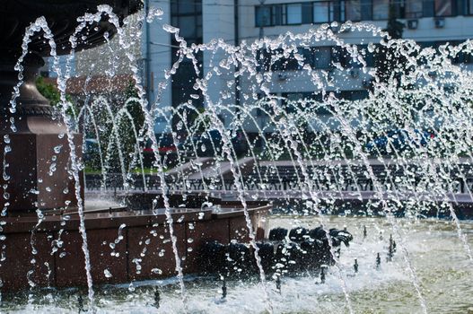 Water jets in a fountain close up