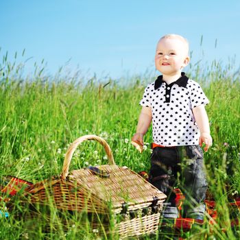  picnic on green grass boy and basket