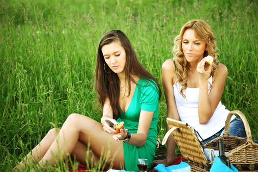 girlfriends on picnic in green grass