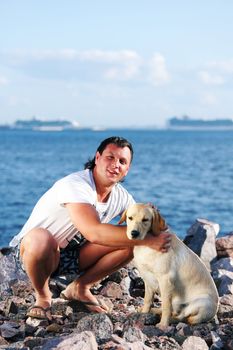 man and dog blue sky on background