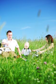  happy family on picnic in green grass