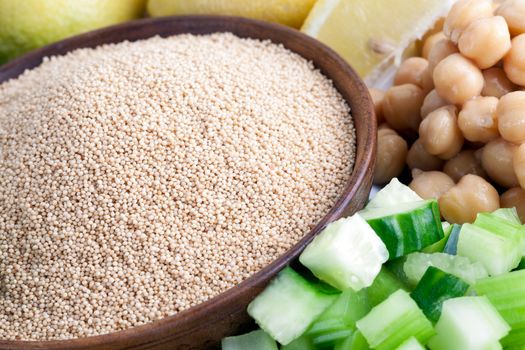Healthy Amaranth grains with chopped cucumber and chick peas.