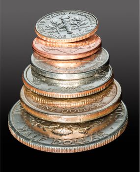 Macro stack of all the US coins circulating in USA from dollar and half dollar coin to cent