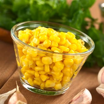 Sweetcorn grains in glass bowl with garlic cloves and watercress (Selective Focus, Focus one third into the corn)