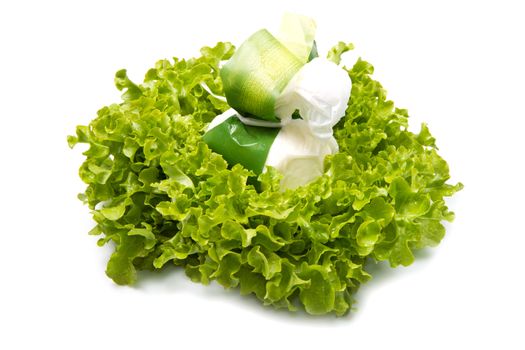 Burrata on salad on white background